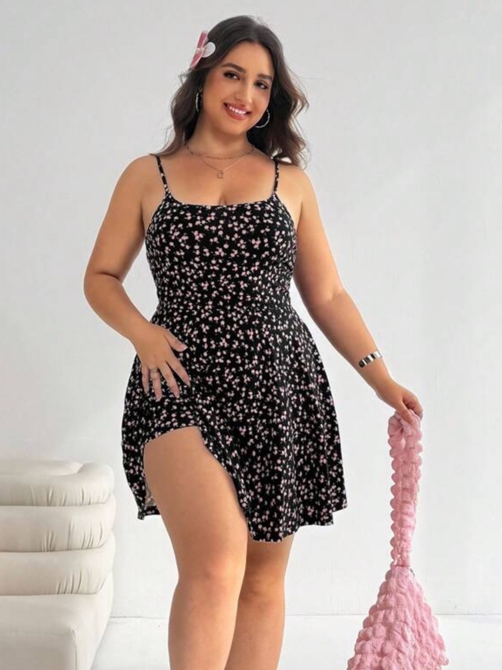 Shein Curve Floral Fit Flare Spaghetti Strap Dress Romper Black Pink Floral 0XL